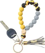 [BAOSIWA] Silicone Key Ring Bracelet Wristlet Keychain Unique Beaded Bangle Key Chains for Women with Leather Tassel