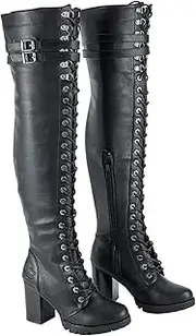 [GARGOYLE BELLS] Ladies Knee High Laced Boots Sexy Over the Knee boots for Women Black Motorcycle Leather Boots with Calf Buckle