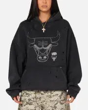 [MITCHELL & NESS] Mitchell & Ness Chicago Bulls Distressed Rhinestone Logo Hoodie Faded Black - Size M M Faded Black