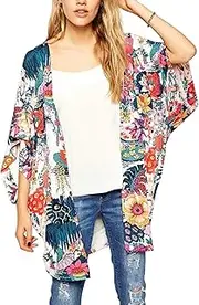[Hibluco] Women's Sheer Chiffon Floral Kimono Cardigan Long Blouse Loose Tops Outwear