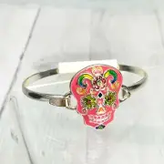 NEW! Icon Collection Womens Sugar Skull Enamel Bracelet Pink Hook Clasp