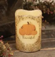 4" Burnt Ivory Thankful Pumpkins Timer Pillar Candle Fall Autumn Thanksgiving