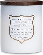[Manly Indulgence] Sea Salt & Ginger Scented Jar Candle, Wood Wick, Premium Soy Blend White Wax, 60 hr Burn, Matte White Jar Candle for Home and Men, 15 oz - USA Poured