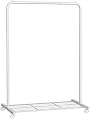 SONGMICS Clothes Rack with Wheels, 35.8 Inch Garment Rack, Clothing Rack for Hanging Clothes, with Dense Mesh Storage Shelf, 110 lb Load Capacity, 2 Brakes, Steel Frame, White UHSR025W01