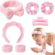 [SPOVE] 7pcs Skincare Headband Set, Spa headband and wristband for women, Bubble Headband, Makeup Wristbands, Hairpin, Spa Headbands for Women, Face Washing Make Up Hair Band (Pink, One Size)