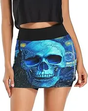 [RPLIFE] Blue Skull Swirling Sky Blue Exercise Skort, Sport Skort with Pocket，Quick Dry Skirts Women