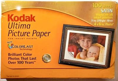 100 count - Kodak Ultima Photo Paper SATIN Photo Picture Paper 4x6 Sheets Inkjet