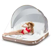 Costway Detachable Canopy Island Inflatable Lounge Retractable Floating Pool Lounge Bed Swimming Pool Platform Raft w/2 Cup Holders&Ceiling Outdoor