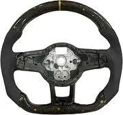 Blue Stitching Carbon Fiber Blue Back Label RLINE Steering Wheel Assembly Compatible With VW Golf MK7 7.5 GTI R Polo(Gold no paddleshole)