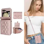 [ELEPIK] for Samsung Flip 5 Case, Adjustable Crossbody Wallet, [4 Accordion Card Holder], [RFID Blocking], [Durable PU Leather] Chic Woman Phone Cover for Samsung Galaxy Z Flip 5 5G, Rose Gold