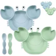 PandaEar 2 Pack Silicone Suction Plate for Baby, Divided Unbreakable Toddler Food Plate with 2 Pack Spoons for Self Feeding, Toddler Utensils Feeding Set Baby Eating Supplies, Crab Shape (Blue&Green)