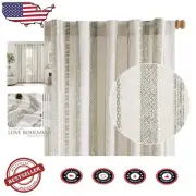 Elegant 84" Bohemian Linen Curtains - Light Filtering Grey & Beige Design