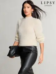Lipsy Cream Fluffy Metallic Puff Sleeve Knitted Jumper (AJ1131) | $82