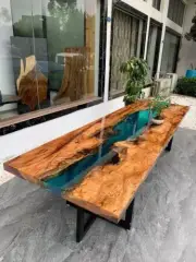Clear Epoxy River Console Table Top, Epoxy Wooden Live Edge Counter Desk Decor