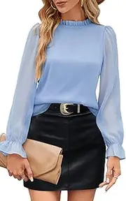 [Odosalii] Women's Ruffle Stand-Up Collar Tops Elegant Flounce Sleeve Blouse Casual Long Sleeve Blouses Shirt Tops