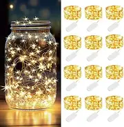 12Pack Fairy Lights Battery Operated 2M 20 LED Mini String Lights Twinkle Lights Copper Wire Firefly Starry Lights for Mason Jars Wedding Party Christmas Lights Decorations, Warm White