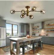 6-Lights Smokey Glass Globe Sputnik Modern Flush Mount Ceiling Light Gold