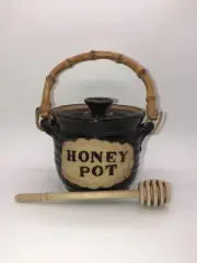 Studio Art Pottery Honey Pot With Lid And Dipper, Bamboo Handle, Signed