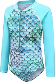 [Mardonskey] Girls Long Sleeve Rash Guard One Piece Swimsuit Kids UPF 50+ Sun Protection Swimwear Rainbow Striped Bathing Suit 3-14 Years