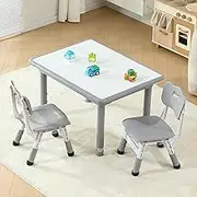 Todder Table and Chairs, 31.5''L x 23.6''W Sturdy Kids Activity Table with Stainless Steel Legs, Kids Table and 2 Chairs with Anti-Slip Foot Covers, Graffiti Desktop, Gray