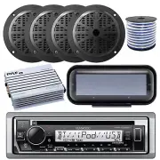Single DIN Marine CD Receiver, Cover, 4x 5.25" Black Speakers, Wire, Amplifier