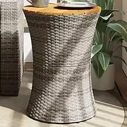 Garden Table Garden Side Table Drum Shape Grey Poly Rattan and Solid Wood