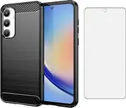 [Asuwish] Phone Case for Samsung Galaxy A35 5G with Tempered Glass Screen Protector Cover and Cell Accessories Slim Thin TPU Soft Hybrid Silicone Rubber A 35 35A A355G Carbon Fiber Women Men Black