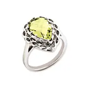 Sterling Silver 14K White Gold Plated Checker-Cut Lemon Quartz Gemstone Birthstone Ring Fine Jewelry Gift for Her