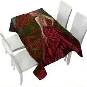 Fantasy Art Beautiful Red Dressed Woman and Dragon Tablecloth