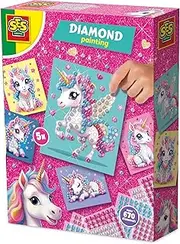 SES Creative 14726 Unicorn - Diamond Painting - Creative Craft Kit for Kids Aged 3+ - Decorate 5 Unicorn Cards with Self-Adhesive Diamond Stickers