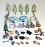 Camping Theme Buttons - Tents, Teepees, Pine Trees, Campers, Animals, and More