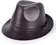 KJIASDFE Winter Hats,Leather Fedoras Hat Sheepskin Big Brim Jazz Cap Party Bowler Gentleman Hats Classic Cap Brown