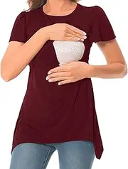 [Generic] Maternity Plain Shirts Womens Maternity Irregular Hem Tee Shirt Casual Short Sleeve Crew Neck Basic Nursed T Shirt Top for Breastfeeding Cute Animal Shirt