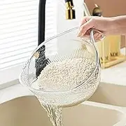 Rice Strainer, 9x5inch Plastic Rice Washer Strainer Bowl with Handle, Multifunctional Fruit Washing Bowl, Rices Rinser Strainers for Cleaning Fruits, Vegetables (Transparent)