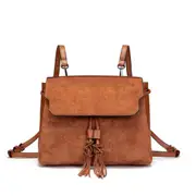 Outdoor PU Leather Backpack Women Tassel Handbag School Bag Travel Rucksack BROWN COLOR