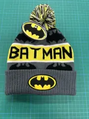 DC Comics Pom-Pom Batman Winter Black Grey & Yellow Knit Cap Hat New