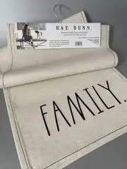 Rae Dunn FAMILY. Embroidered Table Runner 14" x 72" Linen Décor Cream Black NEW
