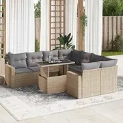 9-Piece Garden Sofa Set Outdoor Beige Poly Rattan with Cushions, Adjustable Tabletop and Storage Function, Weather-Resistant Patio Furniture Set