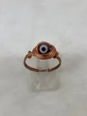 Handmade ~ Copper Wire Wrap ~ Evil Eye Glass Bead Ring Size 7 #228
