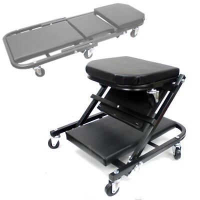 2 in 1 Creeper & Foldable Seat Rolling Chair 4 Mechanics Work Stool Garage Shop