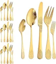 20 Pcs Stainless Steel Silverware Set with Mirror Polish Elegant Floral Engraved Flatware Set for Kitchen Dishwasher Safe Service for 4(Gold,20pcs)