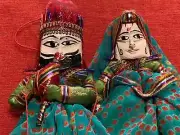 Pair of Traditional Hand Made Wood and Cloth Kathputli Puppets Man and Women