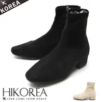 在飛比找momo購物網優惠-【HIKOREA】韓國空運。質感推薦拉鍊款粗跟絨面短靴-版型