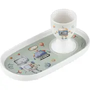 Ashdene Robots Soldier Kids New Bone China Egg Cup & Snack/Dinner Plate Set