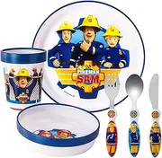 Fireman Sam Kids 6 Piece Reusable Dinner Set - Plate/Bowl/Cup/Knife/Fork/Spoon - Childrens Dinnerware Tableware Cutlery Set