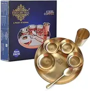 Indian Art Villa Pure Brass 7 Pieces Dinner Set/Thali Set of 1 Plate, 1 Glass, 1 Spoon, 1 Pudding Bowl & 3 Bowls, Color- Gold, Dinnerware, Tableware Or Crockery