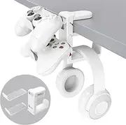 3 in 1 PC Gaming Headphone & Controller Holder, Headphones Hanger Adjustable Rotating Arm Clamp,Headphone Stand Under Desk, Universal Headset Controllers Hook with Cable Organizer-Black (White)