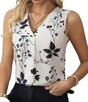 [Generic] Women's Sleeveless V-Neck Blouse, White with Black Floral Print, Botanical Pattern