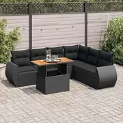 7 Piece Black Poly Rattan Garden Sofa Set with Cushions - Modular Patio Furniture Set with Adjustable Table, Storage Function and Removable Covers - Outdoor Wicker Chair and Table Sets