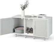 Giantex Cat Litter Box Enclosure - Cat Washroom Hidden Furniture, 2 Storage Cabinets, Removable Cat Scratcher, Air Vents, Detachable Legs, Wood Pet Crate Indoor Cat House TV Stand (Light Gray & White)